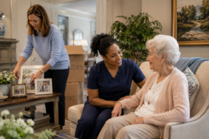 Dementia care transition as a daughter and caregiver help an older woman settle into her new home
