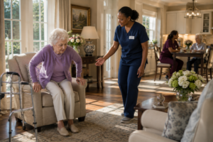 Preventing falls in memory care includes having caregivers close enough to notice when a resident needs help standing or walking.