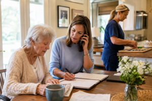 Daughter coordinating dementia home care for her older mother with a caregiver
