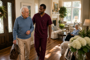Challenging behaviors in dementia are often communication, and a familiar caregiver can respond with understanding and gentle redirection.