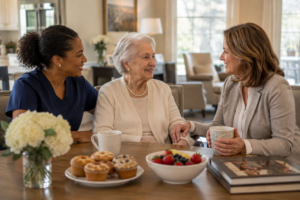 Black caregiver sharing coffee with an older woman and her adult daughter inside a bright residential memory care home in Charlotte.