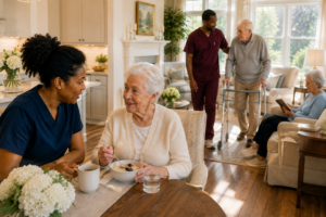 Caregiver staffing in memory care allows caregivers to provide individual attention to residents during meals and daily activities.