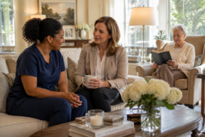 Daughter and older mother discussing options while choosing dementia care