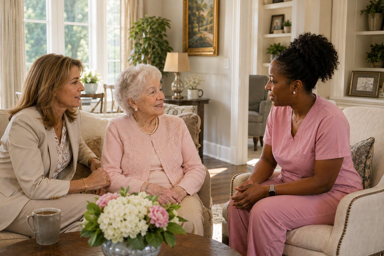 Communication in memory care between a daughter and her mother's caregiver about her daily care and well-being.