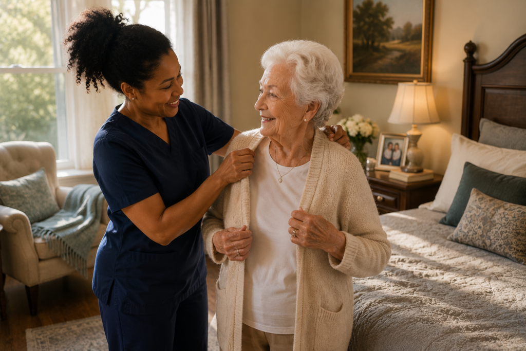 Consistent caregiver helping a woman with dementia get ready while the two share a familiar, trusting interaction.