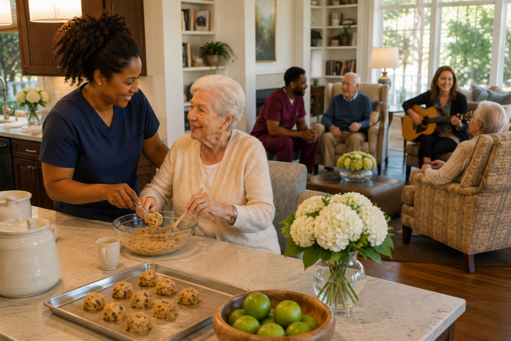 Dementia care transition with a new resident baking with a caregiver while daily activities happen around her.