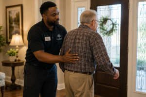 A compassionate male caregiver calmly engages with an older man in a residential memory care setting, illustrating the gentle approach used when understanding why people with dementia wander.