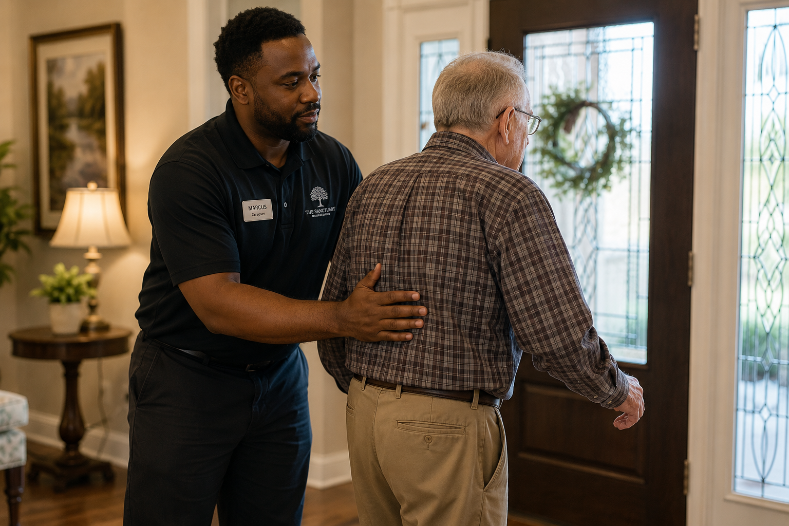 A compassionate male caregiver calmly engages with an older man in a residential memory care setting, illustrating the gentle approach used when understanding why people with dementia wander.