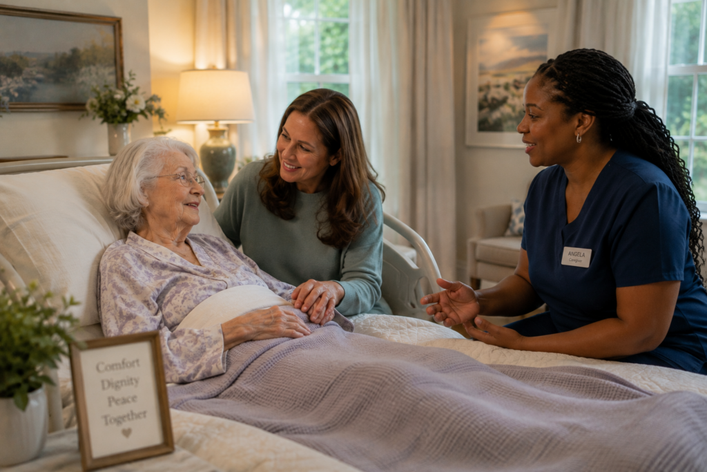 Hospice for dementia conversation between a caregiver, an elderly woman resting comfortably in bed, and her daughter inside a luxury residential assisted living home.