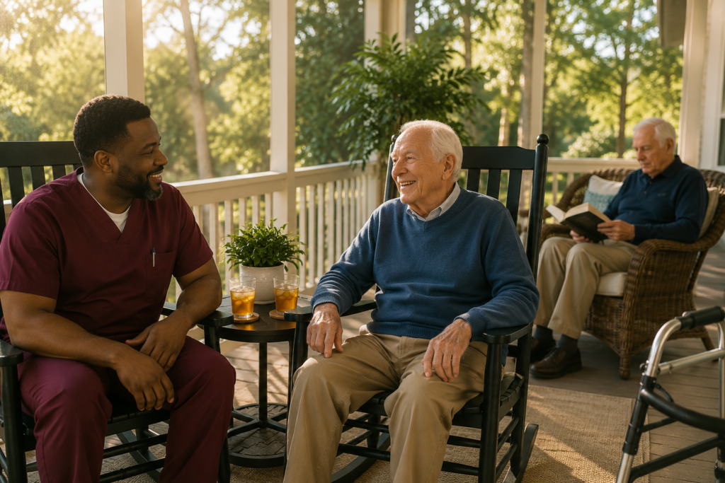Meaningful socialization for dementia as a caregiver talks with a resident on the porch of a residential memory care home.