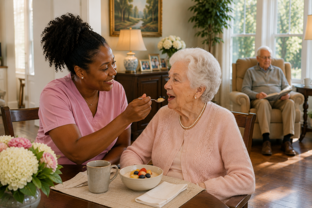 Memory care family communication about a resident's eating habits between her daughter and a consistent caregiver.