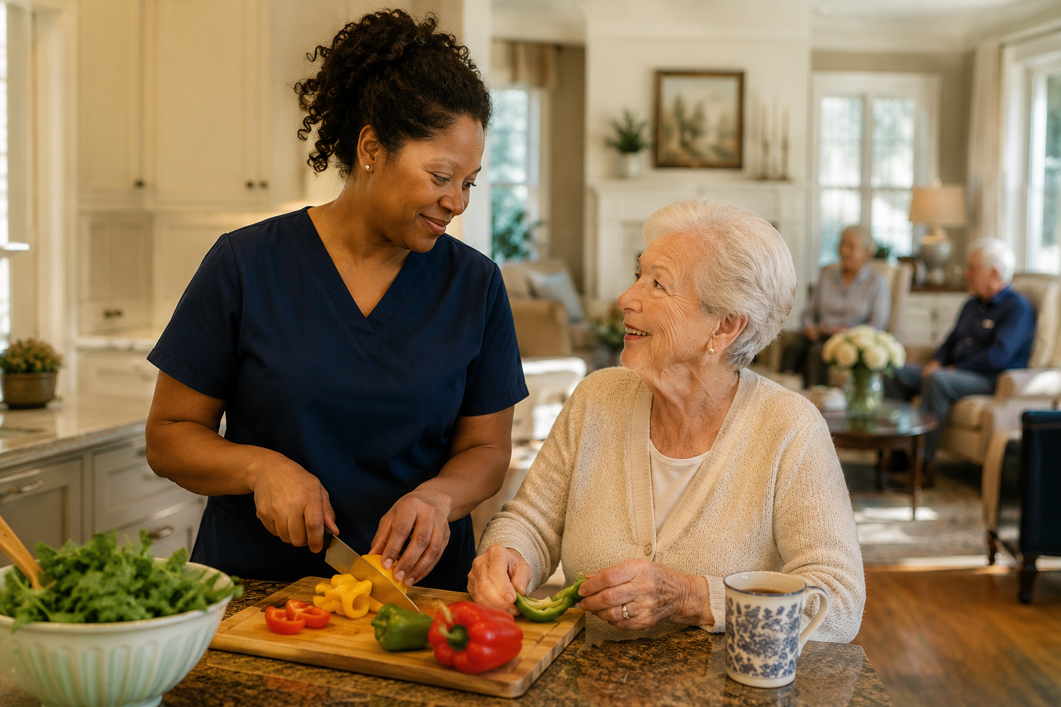 Socialization in memory care as a caregiver and resident prepare food together in a residential dementia care home.