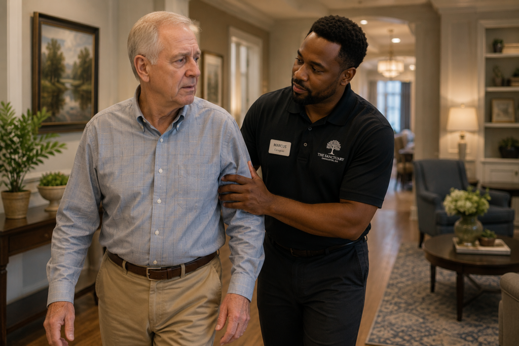 Caregiver gently redirecting a man experiencing dementia wandering inside a luxury residential assisted living home.