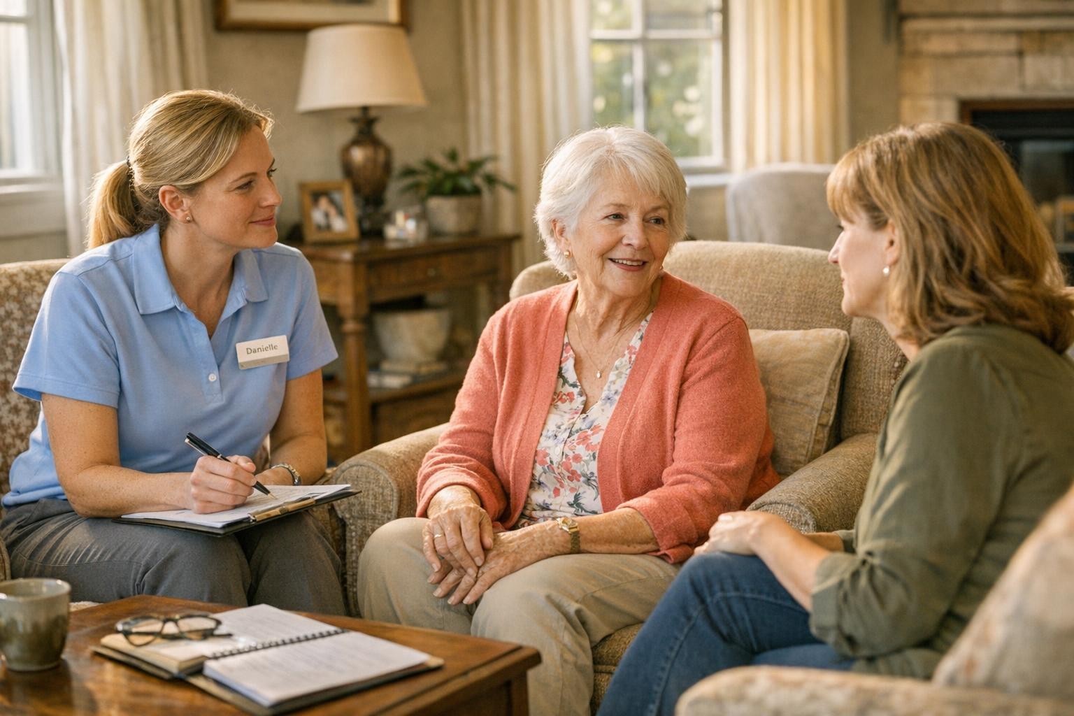 Memory care assessment with a nurse, woman living with dementia, and family member discussing care needs in a residential setting.
