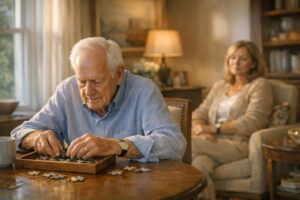 Family member keeping a watchful eye on an older adult in a warm residential dementia care setting.